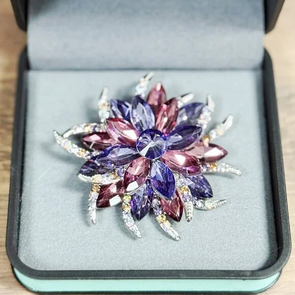 Purple Rose Brooch, Crystal Brooch, Silver Brooches, Crystal Flower Brooch - Picture 1 of 7
